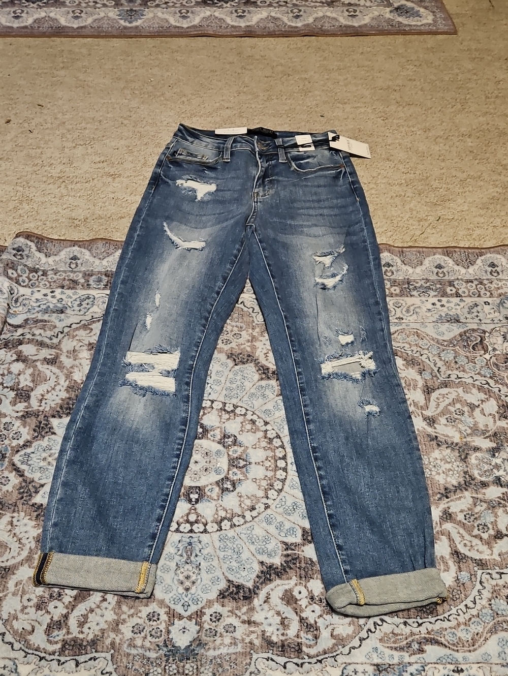 Judy Blue Distressed Dark Blue Rolled Cuff Boyfriend Jeans